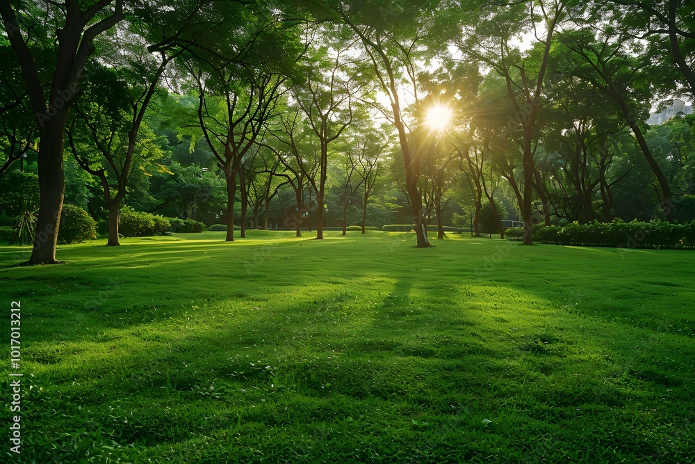 Serene Sunlit Park with Lush Green Grass and Trees Serene Sunlit Park with Lush Green Grass and Trees