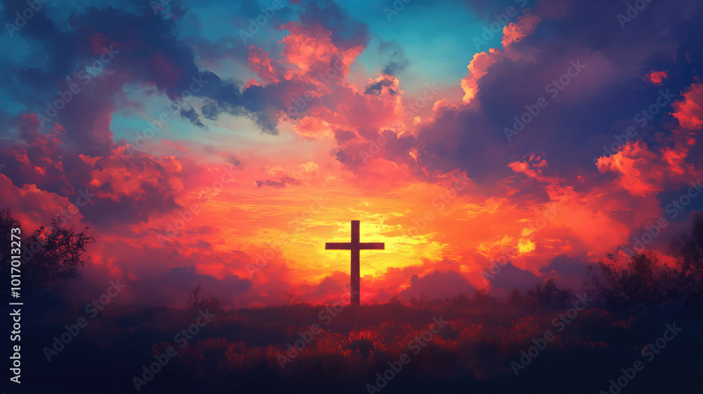 Fototapeta premium Cross silhouette on colorful sunset sky