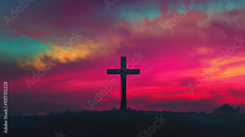 Cross silhouette on colorful sunset sky