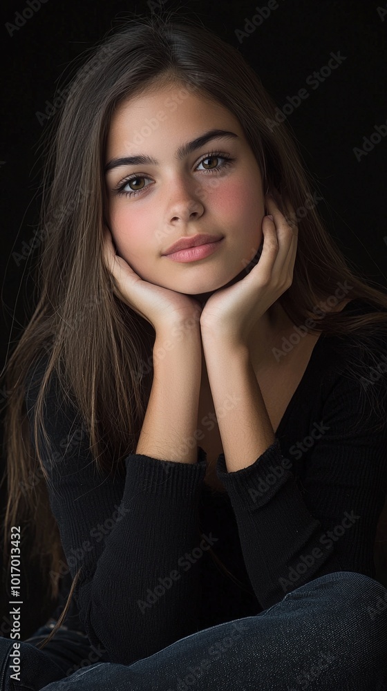 Fototapeta premium A serene moment captured of a young girl in a cozy black sweater with a thoughtful expression