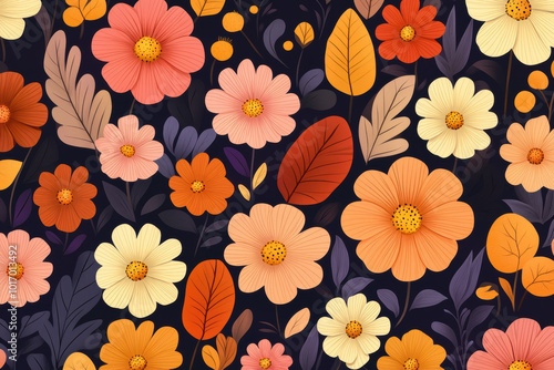 Wallpaper Mural Whimsical floral pattern with bright autumn flowers and leaves on dark background Torontodigital.ca