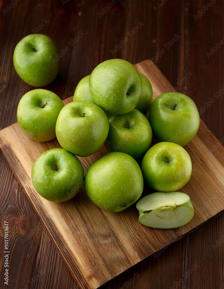 Green apples in wooden cutting board isolated on wooden background Green apples in wooden cutting board isolated on wooden background