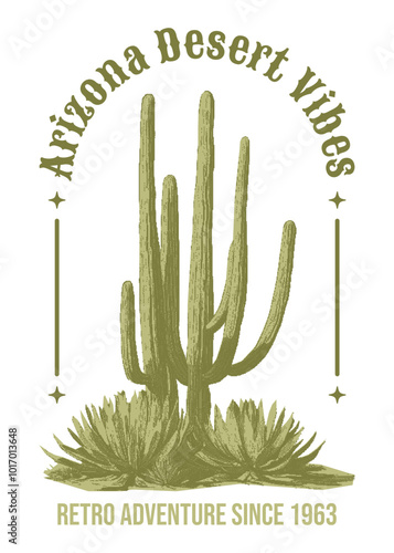 Retro photocopy cactus for t-shirt print. Halftone poster with text slogan. Concept of Wild West. Arizona desert monochrome vector graphics. Contemporary illustration with dotted texture.
