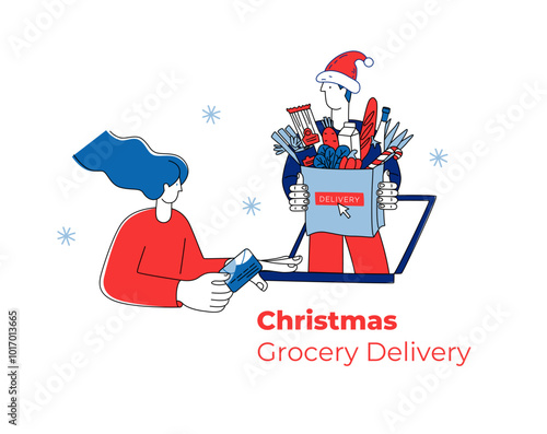 Festive vector illustration convenience of ordering Christmas groceries online with delivery.