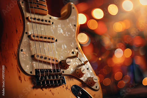 A guitar with a white pickguard sits on a table photo