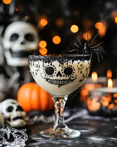 Halloween cocktail decor with spiders and sugar skulls photo