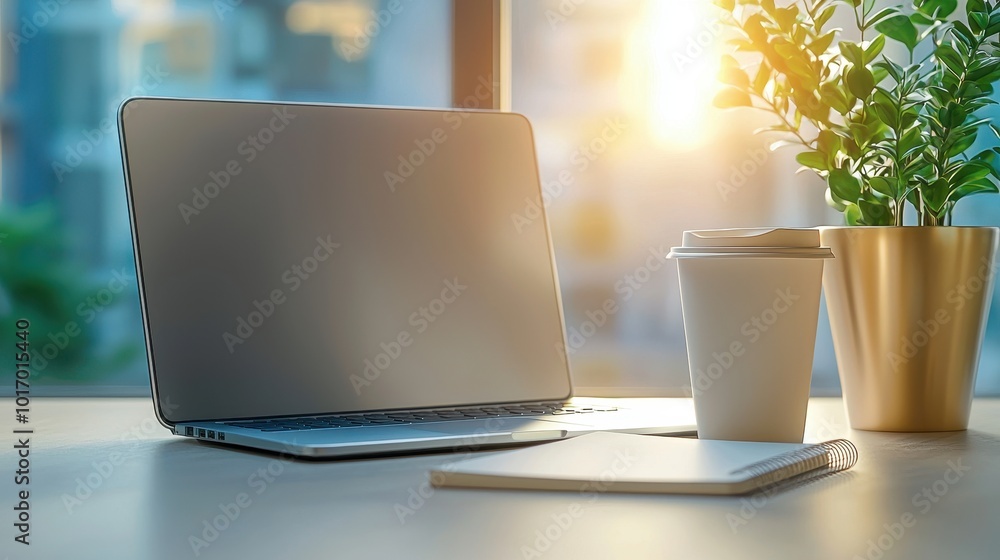 A closed laptop with a coffee cup and notebook next to it, signifying a break during a work-from-home day. Soft natural light from the side. A closed laptop with a coffee cup and notebook next to it, signifying a break during a work-from-home day. Soft natural light from the side.