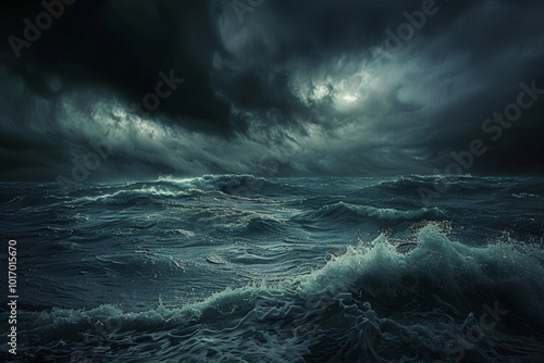 A stormy sea with dark clouds looming overhead