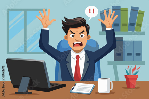 Angry Businessman Sitting at Desk in Office - Cartoon Illustration