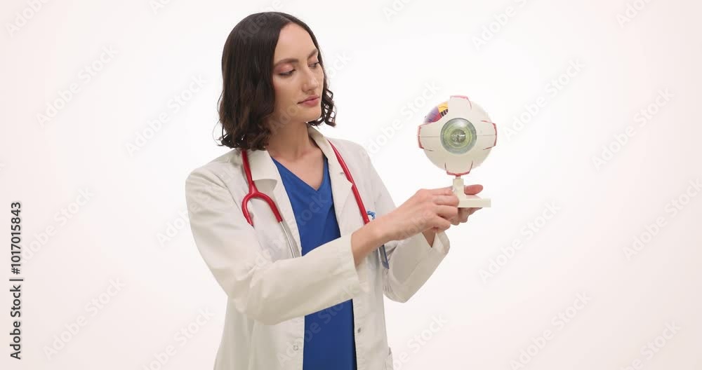 Female ophthalmologist holds anatomical model of human eye on white background. Doctor explains vision organ structure using pointing stick Female ophthalmologist holds anatomical model of human eye on white background. Doctor explains vision organ structure using pointing stick