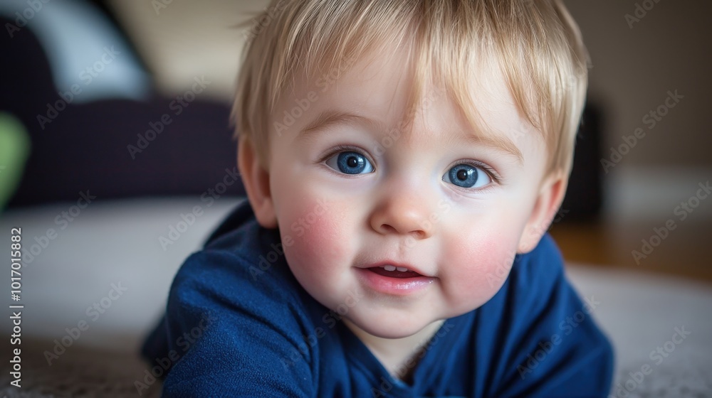 Curious baby exploring the world with bright blue eyes in a cozy indoor setting Curious baby exploring the world with bright blue eyes in a cozy indoor setting