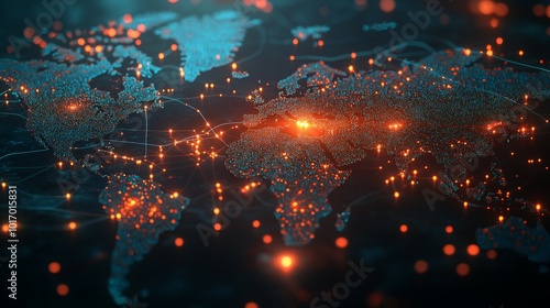 A Digital World Map with Illuminated Cities and Interconnected Lines