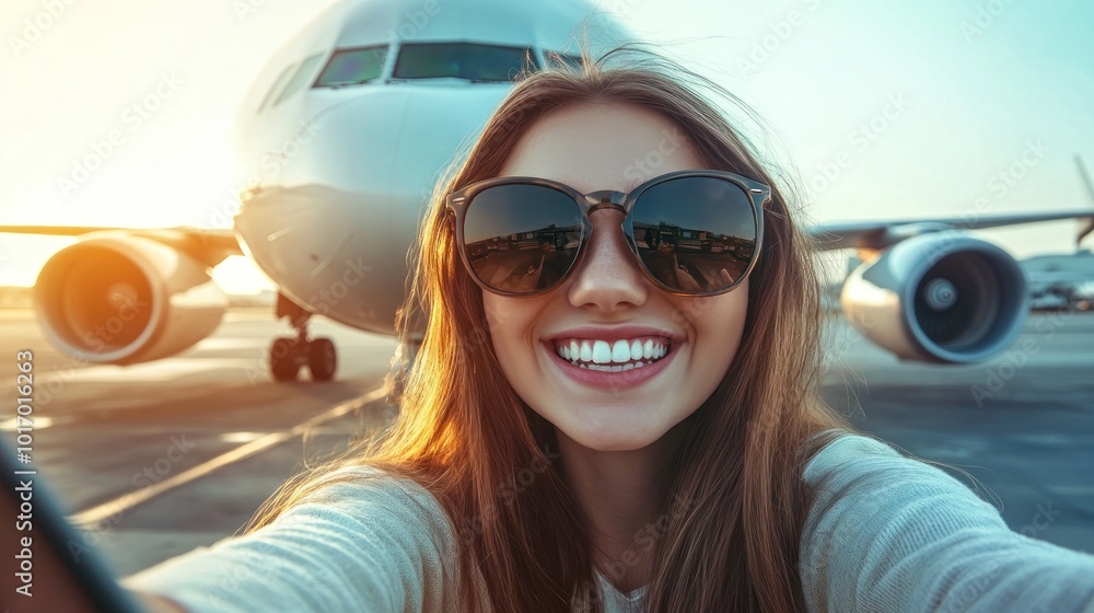 A cheerful traveler taking a selfie with an airplane in the background during golden hour. A cheerful traveler taking a selfie with an airplane in the background during golden hour.