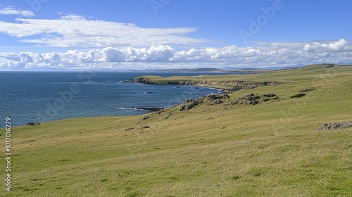 Vibrant coastal landscape with rolling hills and a blue sky in a serene coastal region