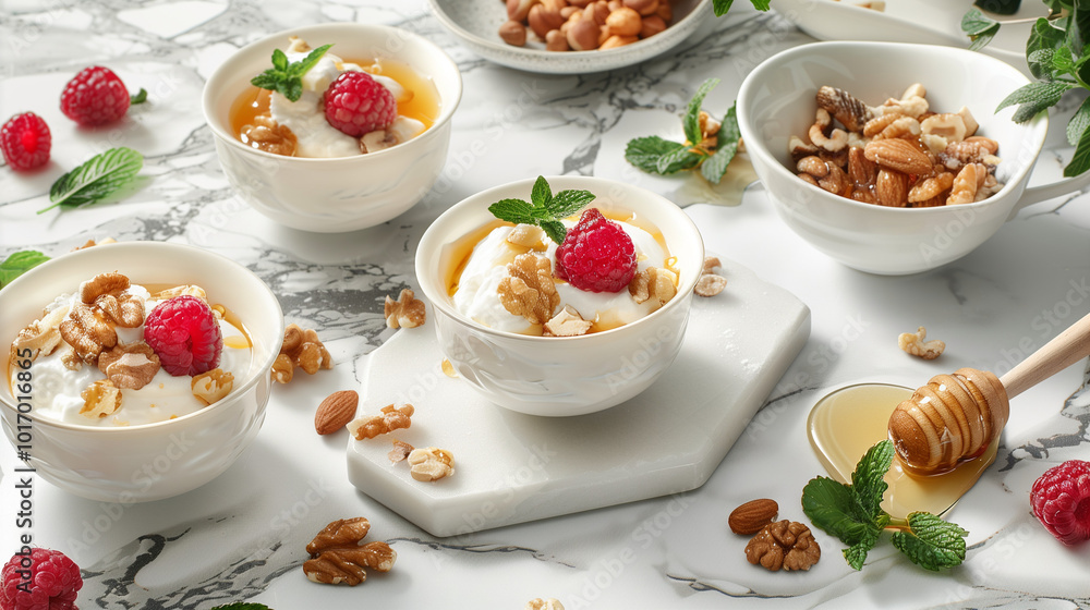 Greek yogurt topped with honey, walnuts, and raspberries, beautifully presented in small bowls on a marble background. Greek yogurt topped with honey, walnuts, and raspberries, beautifully presented in small bowls on a marble background.