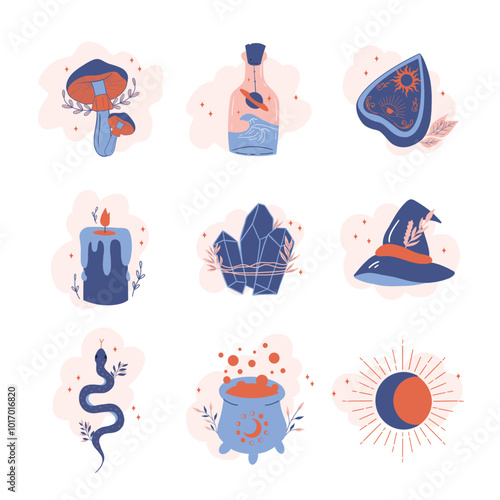 Witchcraft elements stickers collection. Magic cauldron, witch hat, candle, ouija board, snake, crystal, potion. Spooky halloween. Hand drawn vector illustration