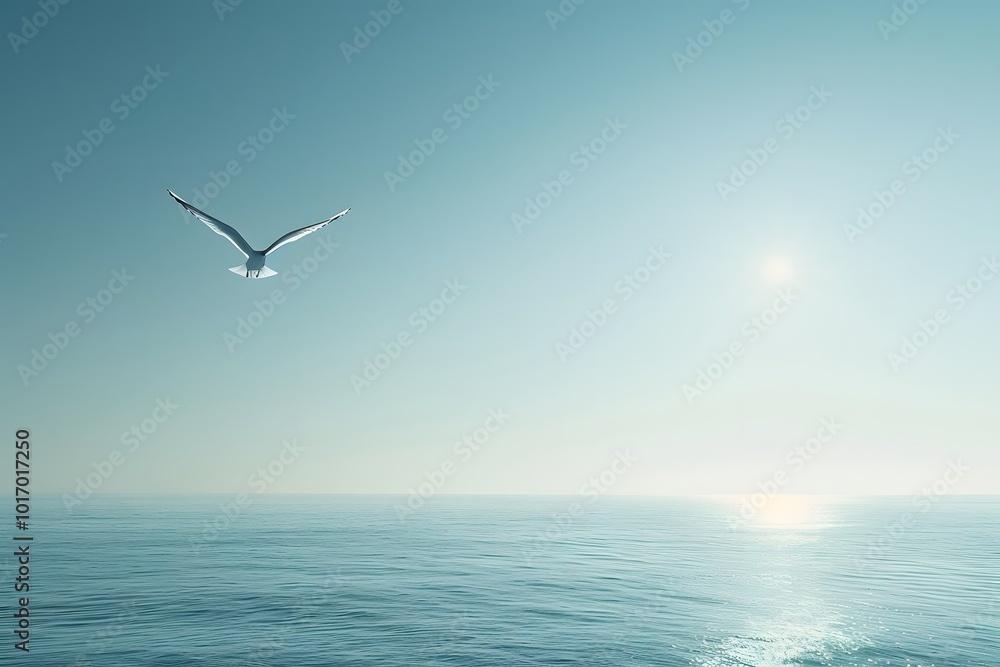 Serene Seascape with a Soaring Bird Under a Bright Sky Serene Seascape with a Soaring Bird Under a Bright Sky