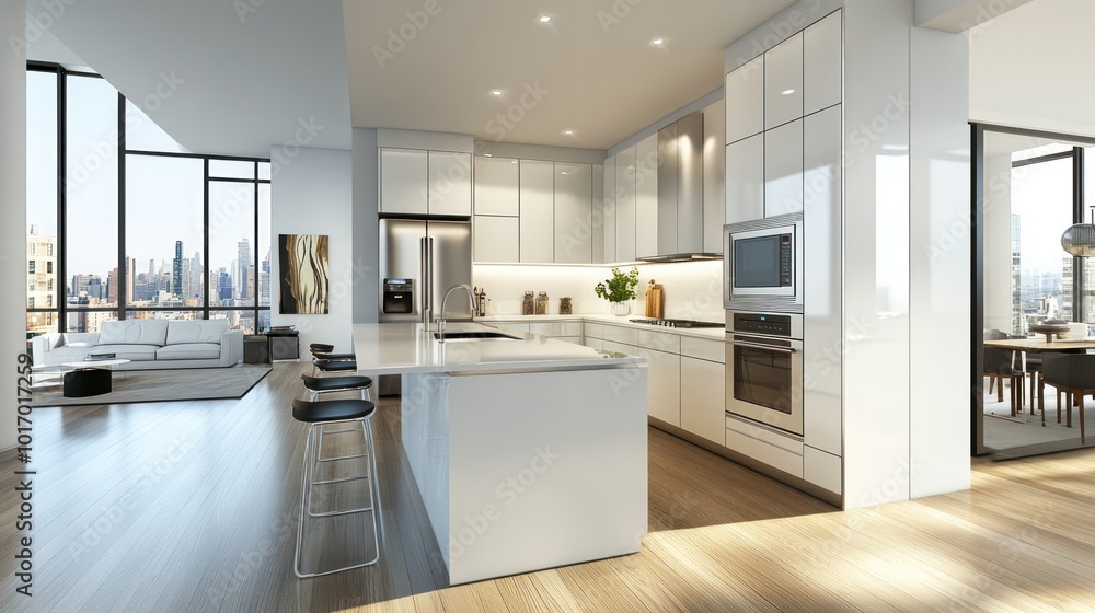 Fototapeta premium Modern kitchen with sleek design and city view, featuring an open layout and contemporary finishes.