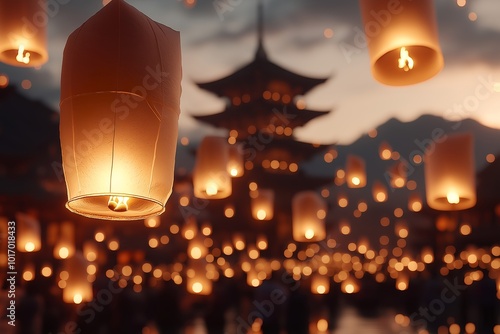 A Buddhist Festival With Thousands of Glowing Lanterns Floating in the Night Sky, a Temple Visible in the Distance