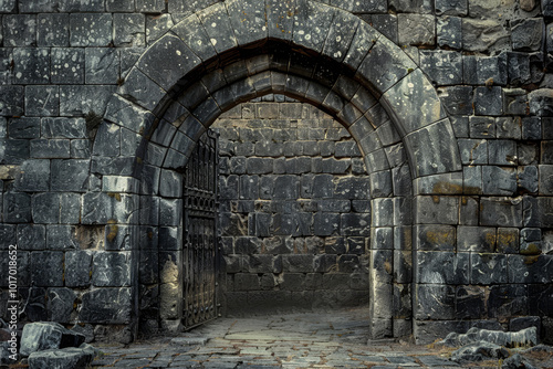 A stone archway with a large iron gate
