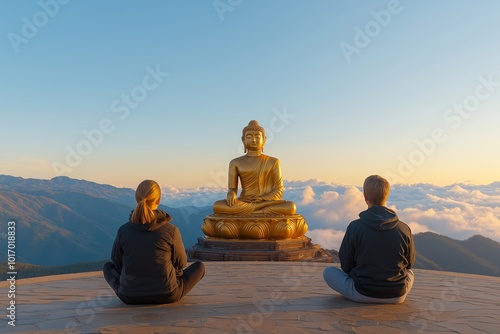 A Group of People Meditating in Front of a Giant Buddha Statue at a Mountaintop Temple, Clouds Floating Below photo