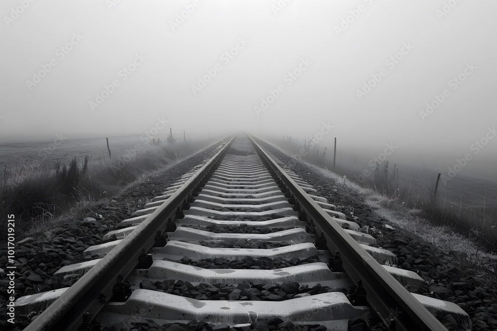 Fototapeta premium Mysterious Foggy Railroad Tracks Stretching into the Unknown