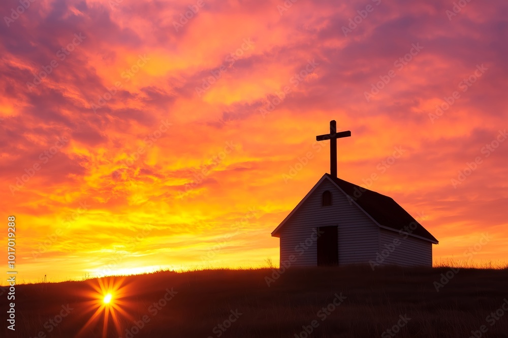A Peaceful Countryside Chapel, With a Cross Silhouetted Against a Dramatic Sunset, Symbolizing Faith and Hope A Peaceful Countryside Chapel, With a Cross Silhouetted Against a Dramatic Sunset, Symbolizing Faith and Hope
