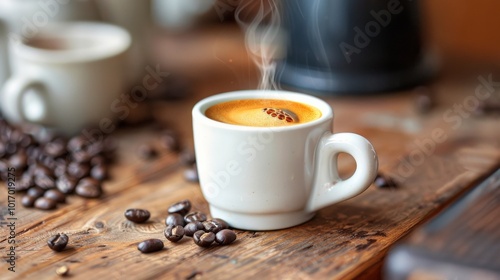 Freshly brewed coffee in white cup with roasted beans on wooden table in a cozy setting photo