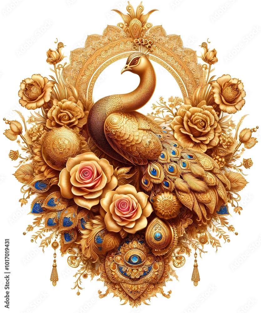 Flowers and a peacock surround a peacock golden with colored roses
Flowers and a peacock surround a peacock golden with colored roses