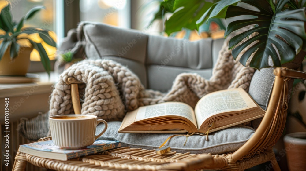 Cozy armchair with a knitted blanket, coffee, and open book surrounded by houseplants in a peaceful reading corner Cozy armchair with a knitted blanket, coffee, and open book surrounded by houseplants in a peaceful reading corner