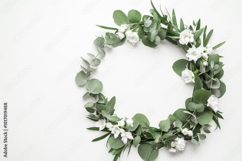 A wreath made of green leaves and white flowers A wreath made of green leaves and white flowers