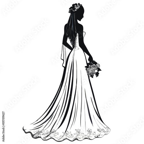 Bride from behind, wedding veil and gown, elegant bridal silhouette.