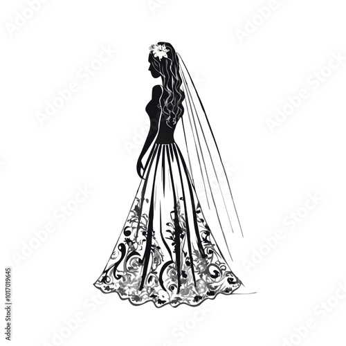 Bride from behind, wedding veil and gown, elegant bridal silhouette.