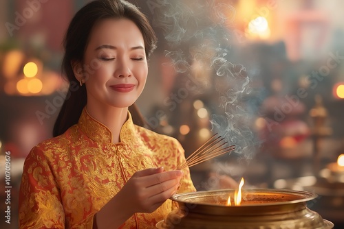 A Woman Lighting Incense Sticks in Front of a Small Altar in a Buddhist Temple, Offering Prayers for Peace photo