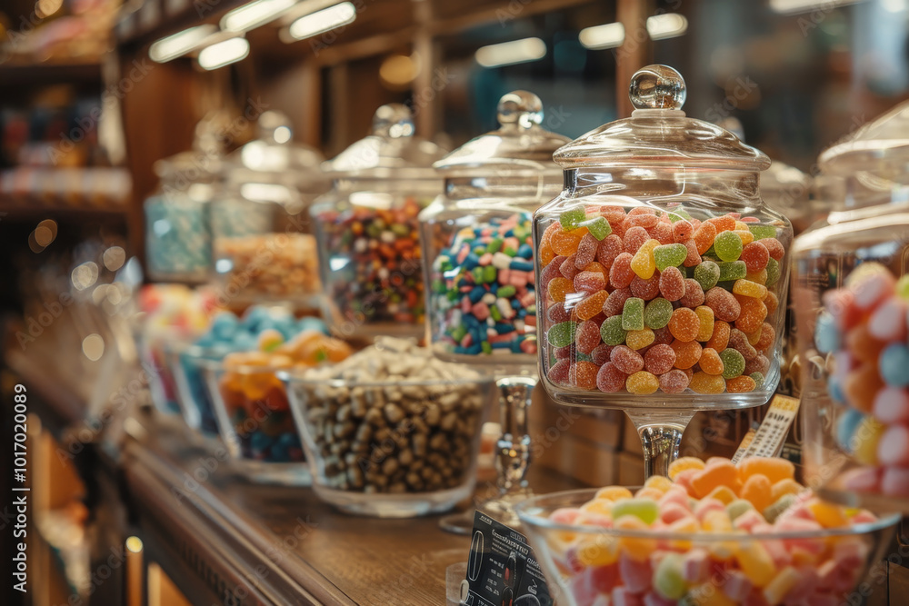 A candy display with many different colored candies in glass jars A candy display with many different colored candies in glass jars