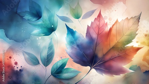 Colorful watercolor leaves with vibrant tones and soft background for decorative purposes