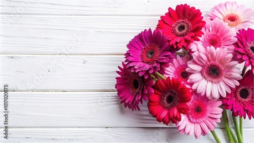 A top view of a bouquet of pink and red gerbera flowers on a white wooden table, with space for text.