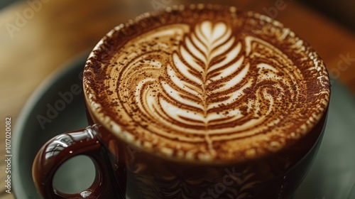 Close-up of Beautiful Latte Art in a Mug with Cocoa Dusting photo