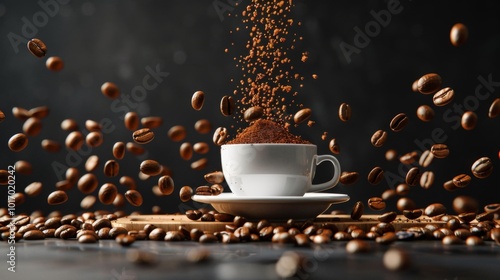 Coffee Beans and Powder Flying into a Cup in Motion photo