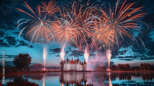 Colorful Fireworks Display Over a Castle with Reflection in Water photo