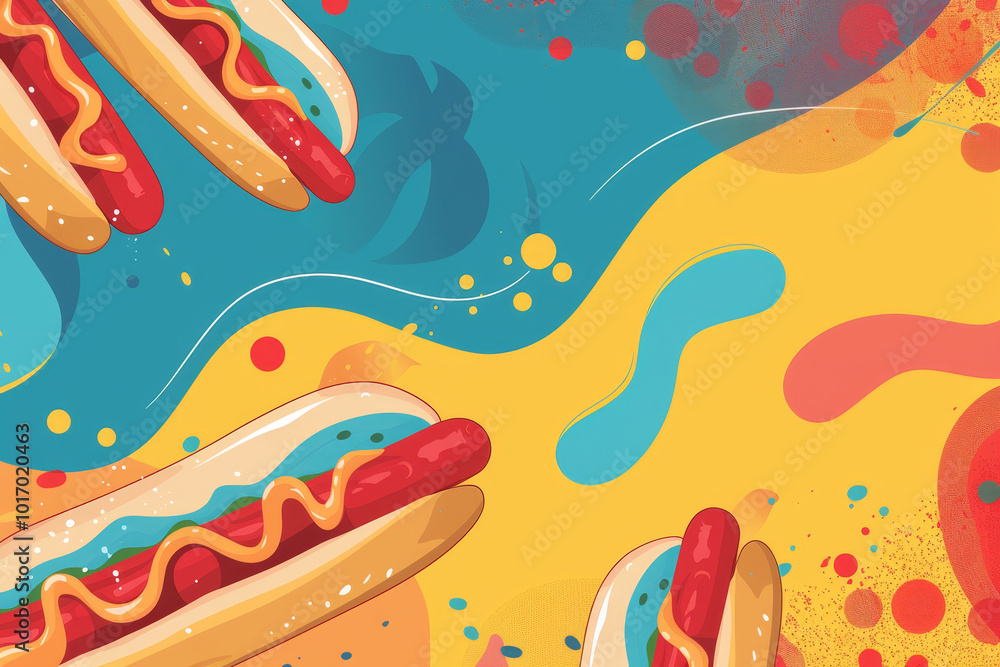 A colorful background with hot dogs and mustard A colorful background with hot dogs and mustard