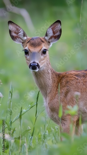 Young deer gazing curiously in a lush green meadow during a serene afternoon