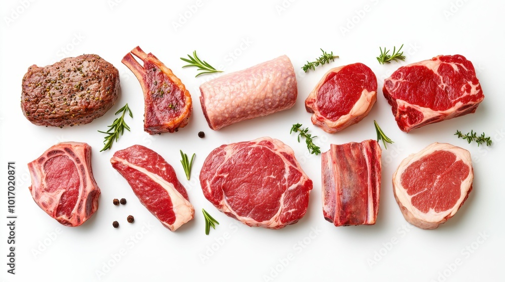 close up of Meat assortment, different raw meat isolated on white close up of Meat assortment, different raw meat isolated on white