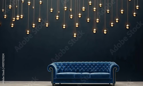 A stunning interior showcases a luxurious blue velvet sofa paired with an array of hanging golden lights, creating a sophisticated atmosphere in a contemporary space photo