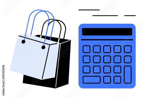 Shopping bags next to a calculator. Ideal for budgeting, financial planning, shopping management, expense tracking, and retail analytics. Minimalist vector style