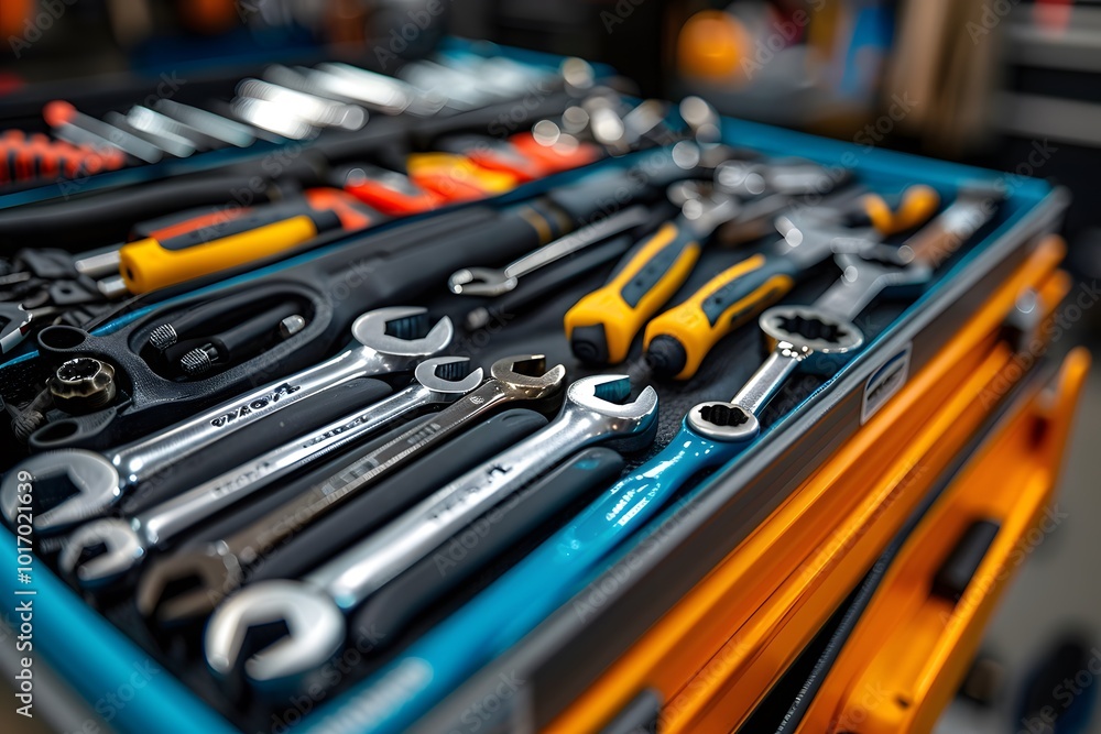 Fototapeta premium Organized Tool Set Displaying a Variety of Hand Tools in a Workshop