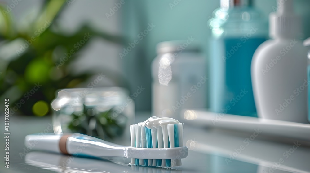 Fresh and Clean: A Close-Up of a Toothbrush with Dental Products in a Serene Bathroom Setting Fresh and Clean: A Close-Up of a Toothbrush with Dental Products in a Serene Bathroom Setting
