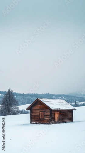 A lonely wooden cabin rests in snow across vast empty fields under soft pale winter light