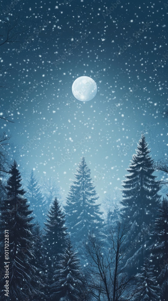 A magical winter forest illuminated by moonlight and falling snowflakes at night A magical winter forest illuminated by moonlight and falling snowflakes at night