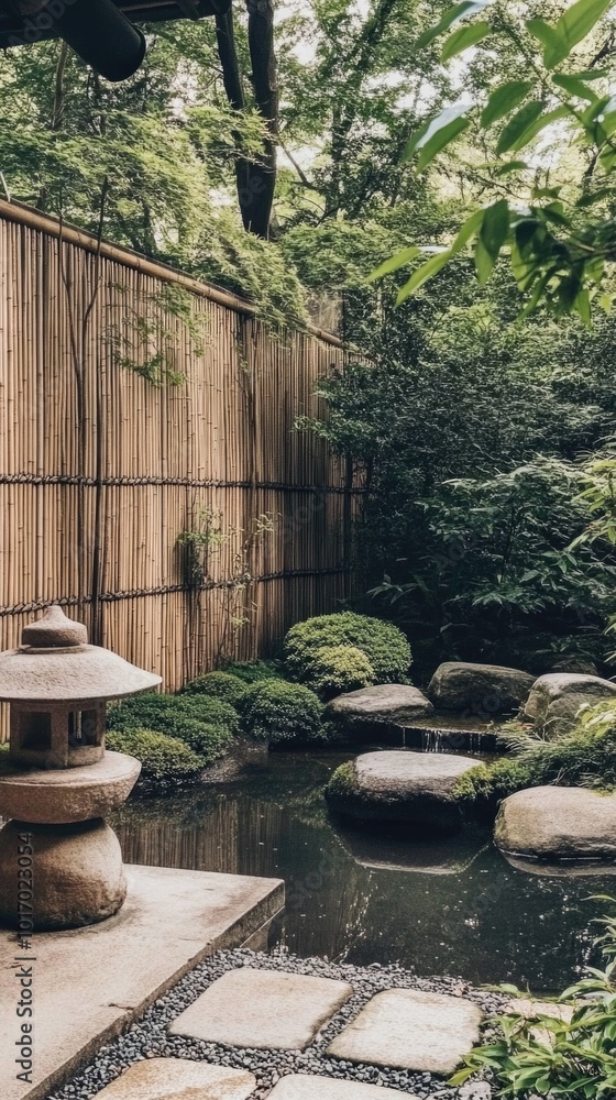 A serene minimalist garden featuring a bamboo fence and a tranquil water feature A serene minimalist garden featuring a bamboo fence and a tranquil water feature